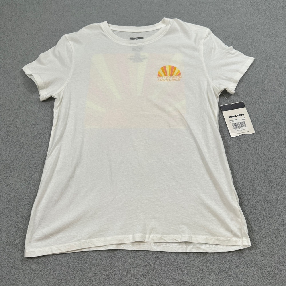 NWT REEF Shirt XS Womens White Graphic Sunset Surf Beach Print Short Sleeve Top